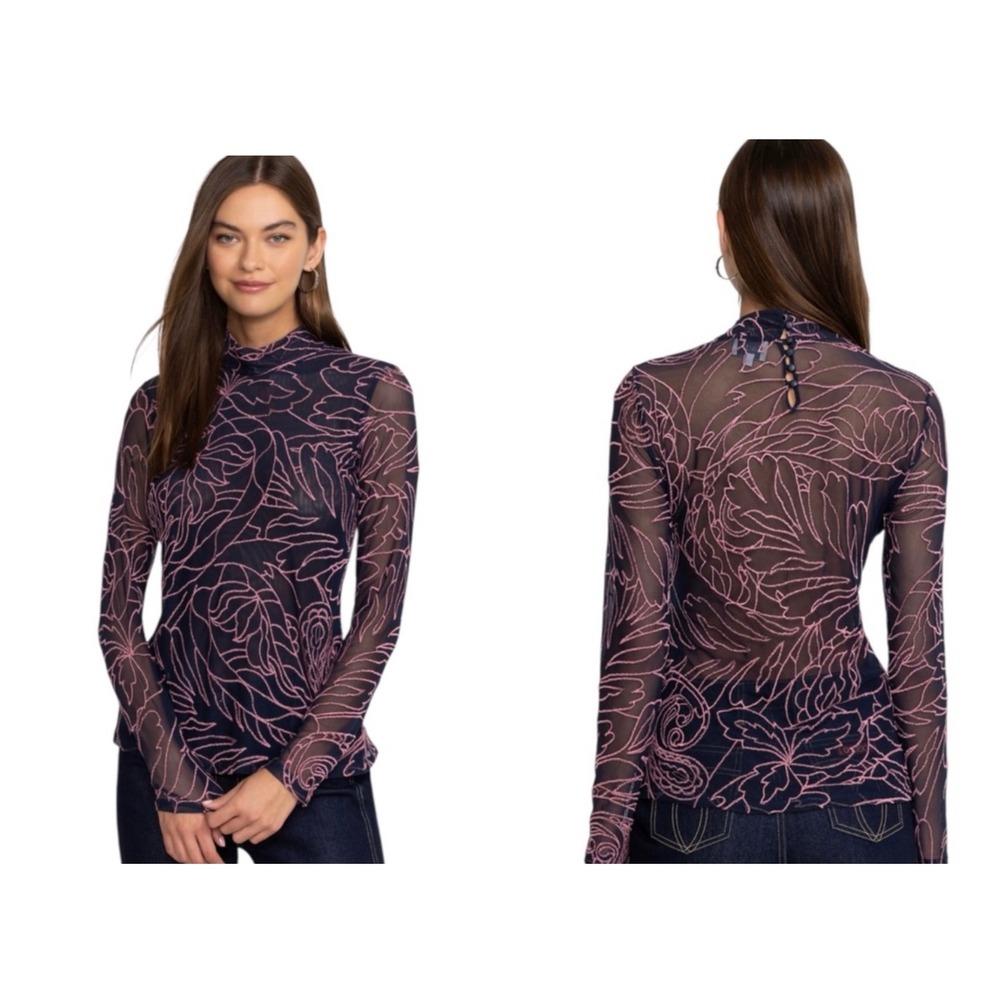 Jade Johny Was Rebecca Mesh Top Women S Navy Pink Mock Neck Long Sleeve